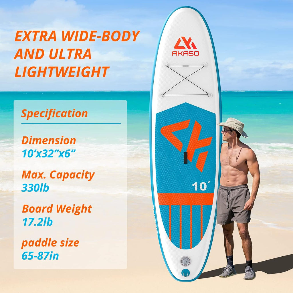 AKASO Inflatable Stand-Up Paddleboard, Yoga SUP with Backpack, Non-Slip Deck, Waterproof Bag, Leash, Floating Paddle and Hand Pump