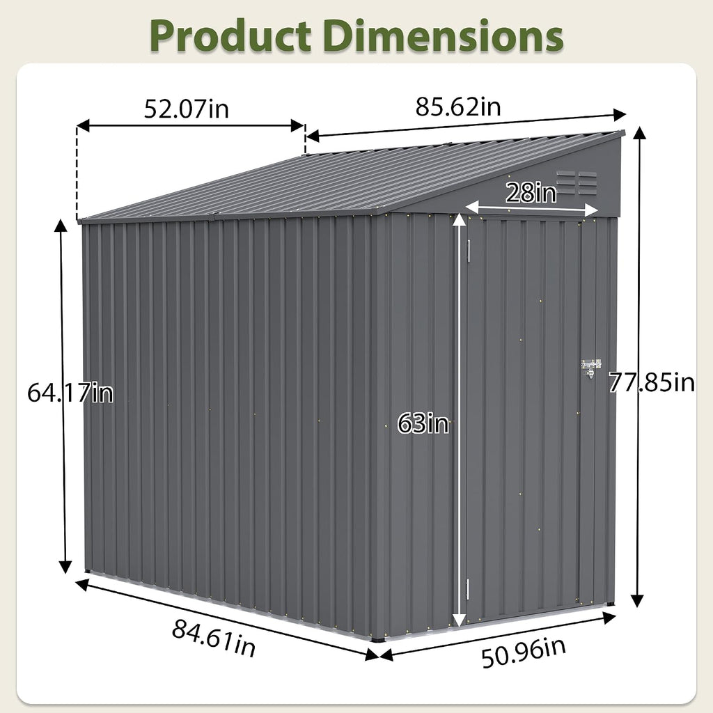 YOPTO 4x7 FT Outdoor Storage Shed,Lean to Lockable Metal Garden Shed Steel with Reinforced Beams,All Weather Waterproof Storage House W/Lockable Door,for Backyard,Patio,Lawn,Garden,Dark Gray