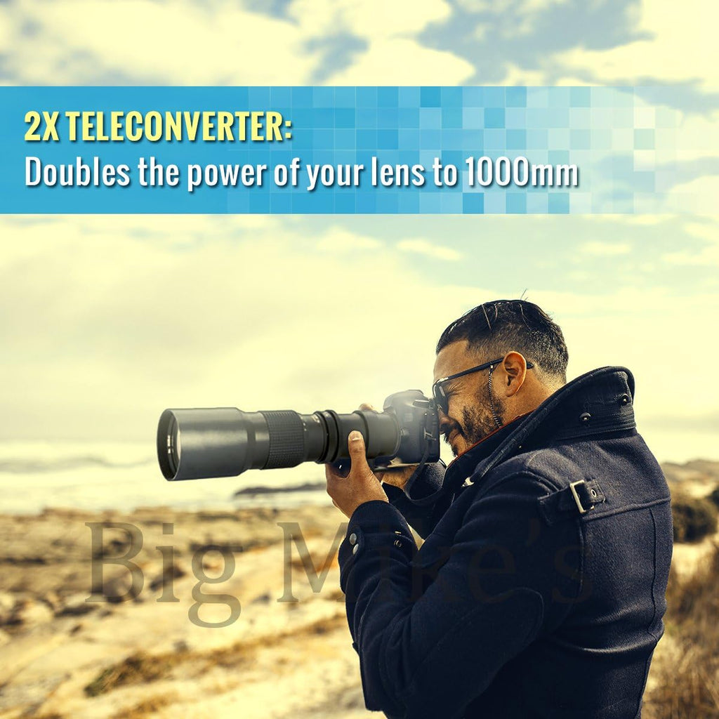 High-Power 500mm/1000mm f/8 Manual Telephoto Lens + Tripod + SLR Backpack for Nikon D500, D600, D700, D750, D800, D810, D850, D3300, D3400, D5300, D5500, D5600, D7000, D7100, D7200, D7500 Digital SLR