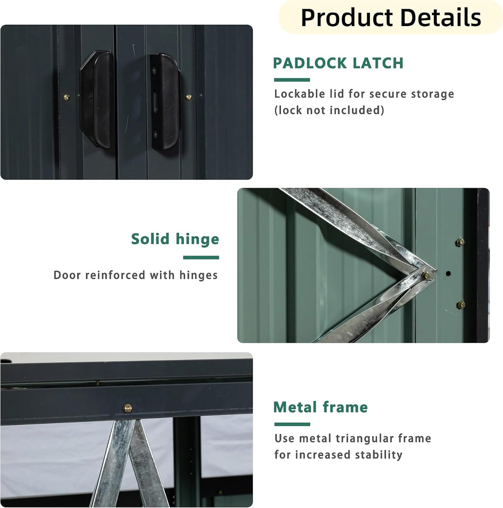 55.1 Cu.Ft Outdoor Trash Can Storage Shed, Metal Trash Can Storage Bin with Spring Chain Lid for Garbage Storage, Waterproof Storage Shed Stores for 2 Trash Cans, Garden Tools, Black