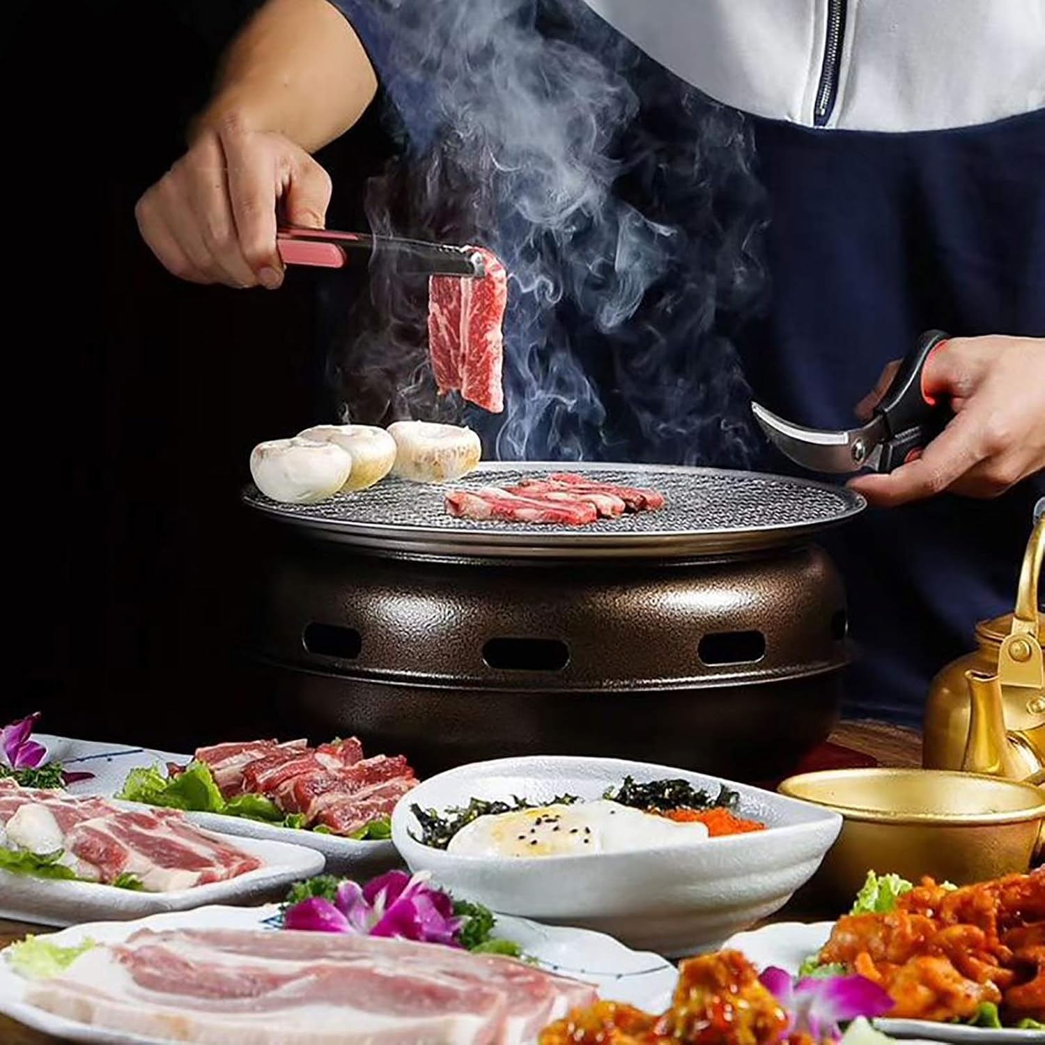 BBQ Barbeque Barbecue Grill, BBQ, Korean Smokeless Household Charcoal Grill, Galvanized Sheet Barbecue Stove, 100% Maifan Stone, 9 Styles (Color : F)