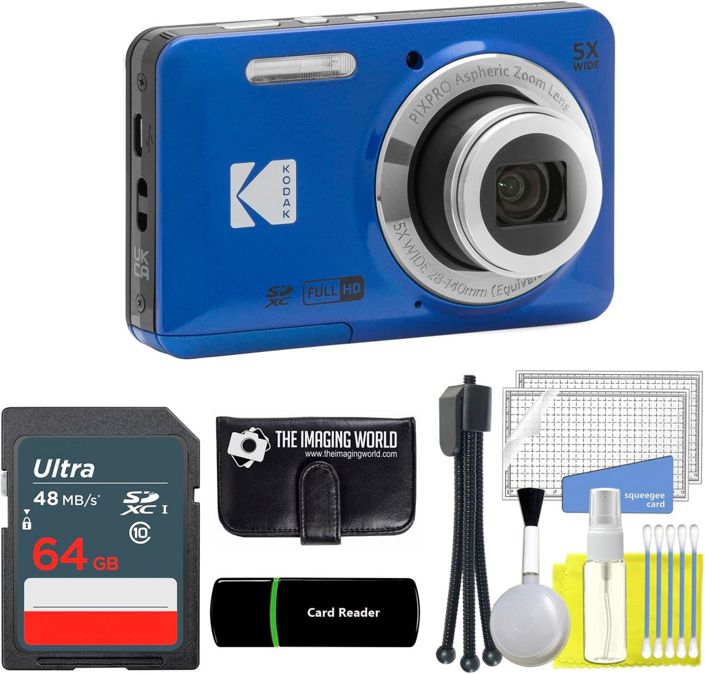 Kodak PIXPRO FZ55 Blue 16MP Digital Camera 5X Optical Zoom 28mm Wide Angle 1080P Full HD Video 2.7' LCD Camera + 64GB Card and Reader + Memory Wallet + Tripod + Cleaning Bundle