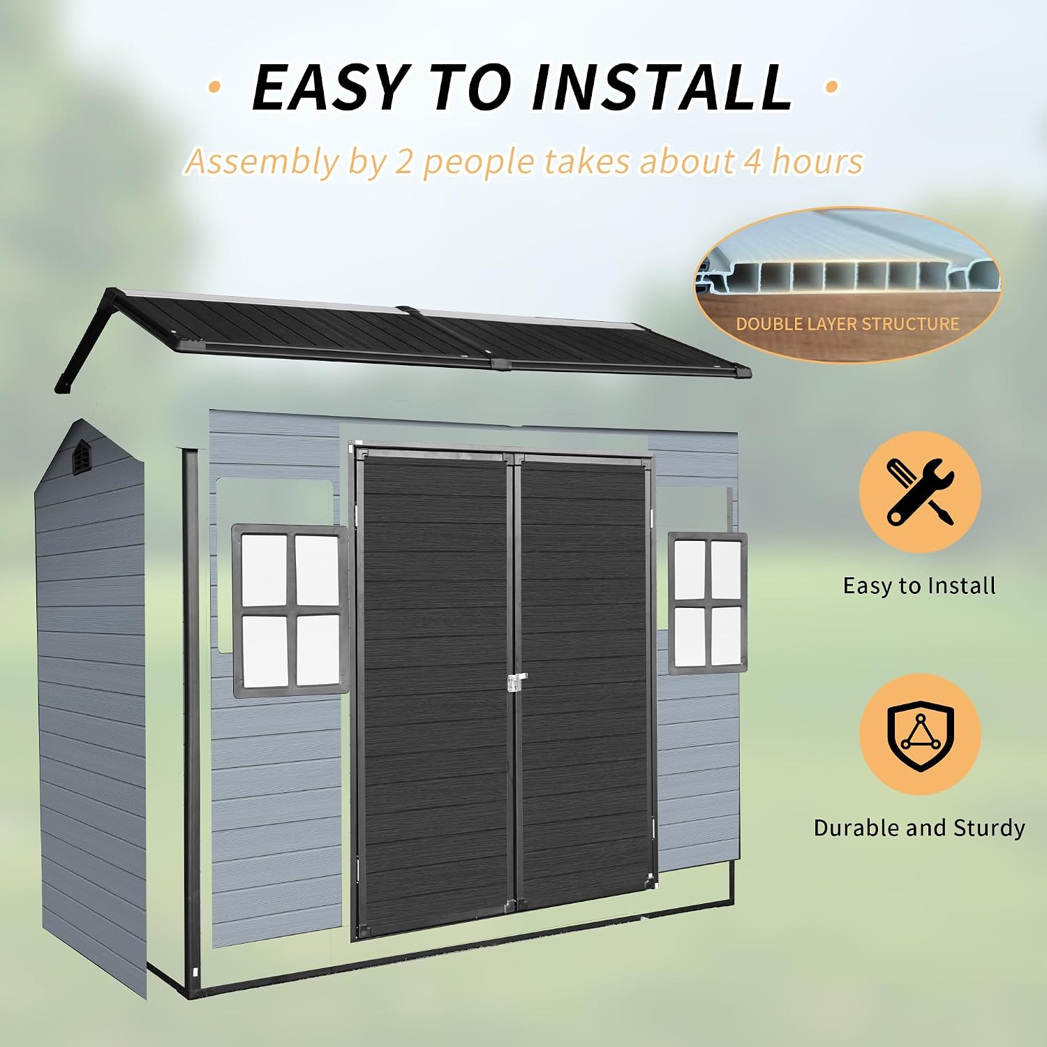 KEIKI 8X4 FT Outdoor Resin Garden Shed with Floor and 2 Windows, Plastic Patio Outdoor Storage Shed with Lockable Door for Garden Tools, Bicycles, Trash Cans, Gray+Black