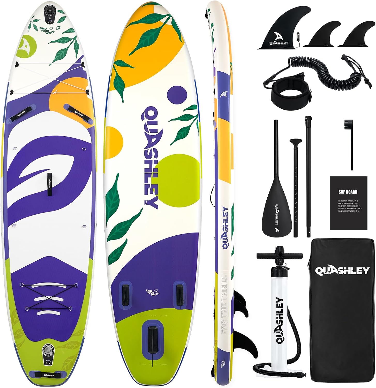 Quashley Inflatable Paddle Board Extra Wide Stand Up Paddleboards 11'×34' with All Premium Paddle Board Accessories,Inflatable SUP for Adults/Family,Beginner-Friendly,Removable Fin,Hand Pump