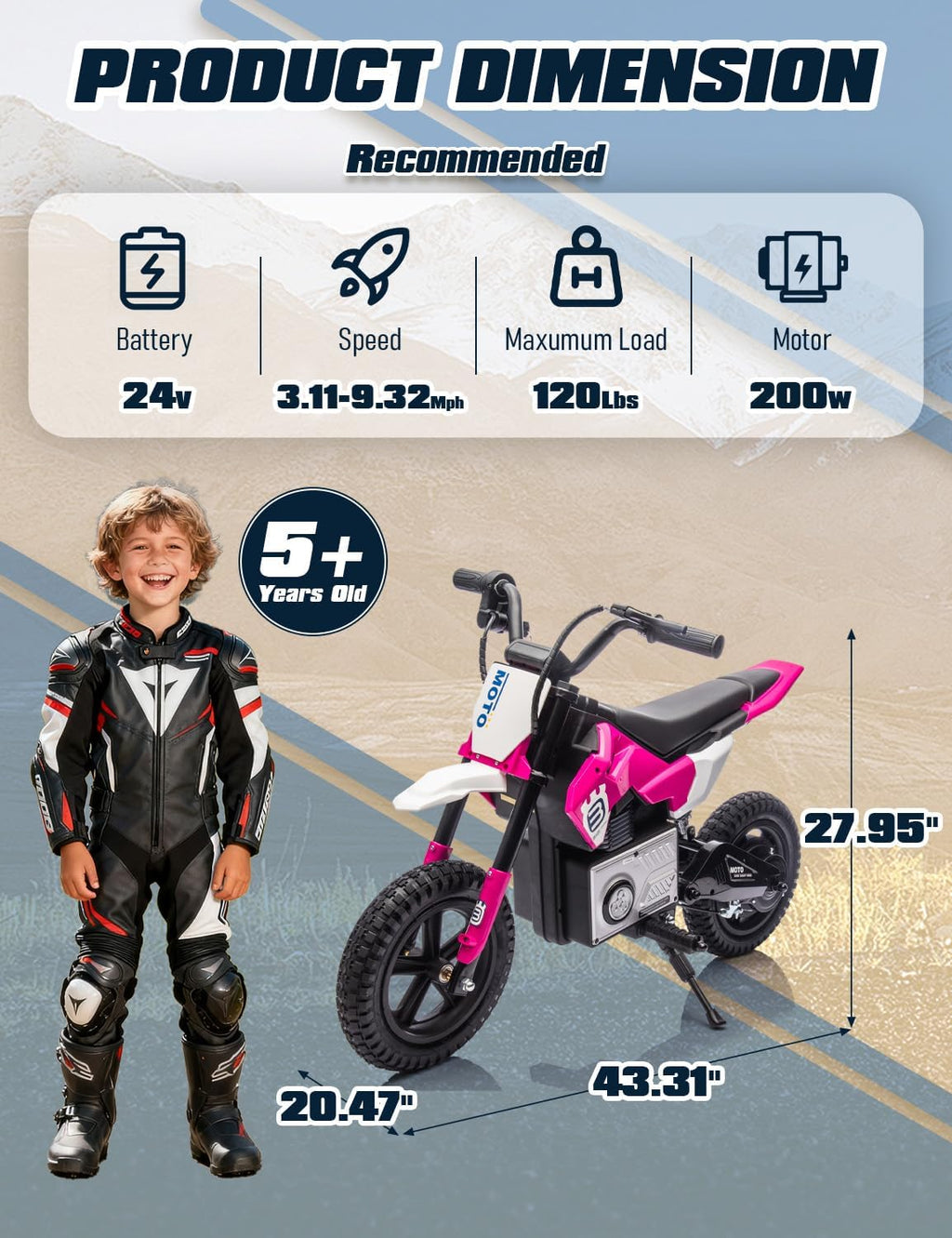 Electric Motorcycle for Kids Ages 5-10, 24V 200W Higher Speed Electric Dirt Bike, Kids Ride On Motorcycle with Rear Wheel Shock Absorber, LED Breath Light, Bluetooth, Music, Horn, Pink