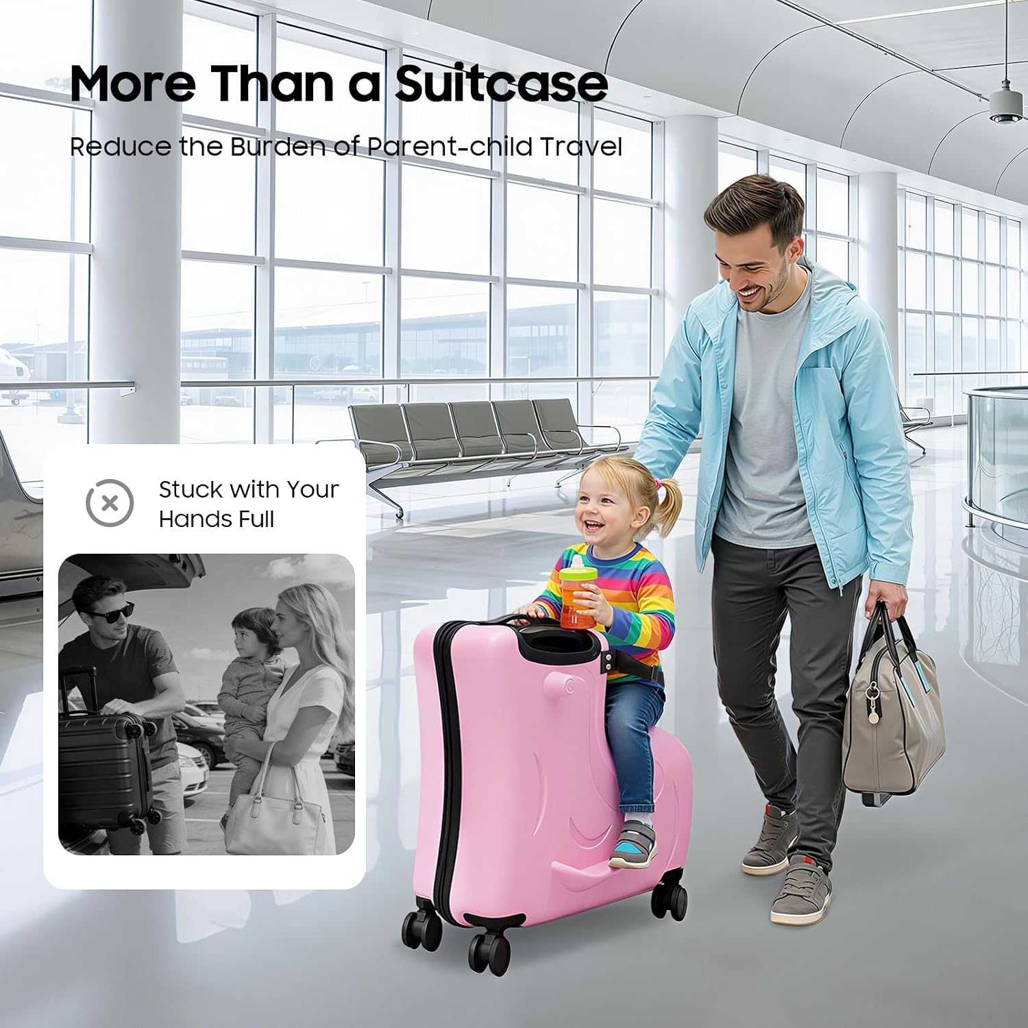 20Inch Kid Ride Suitcase, Portable Kids Travel Suitcase with Lock & Safety Belt, Floor Standing Children's Travel Trolley Case, Ride On Suitcase for Kids Aged 3-6 Years Old