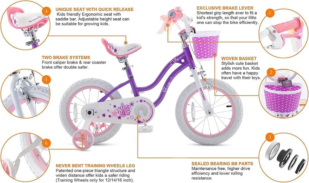 RoyalBaby Stargirl 16 Inch Kids Outdoor Bicycle with Kickstand, Accessory Basket, Bell, and Safety Training Wheels for Ages 4-7, Purple