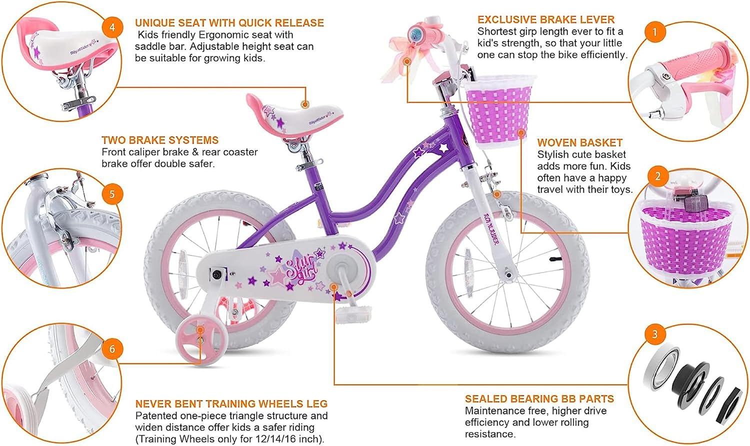 RoyalBaby Stargirl 16 Inch Kids Outdoor Bicycle with Kickstand, Accessory Basket, Bell, and Safety Training Wheels for Ages 4-7, Purple