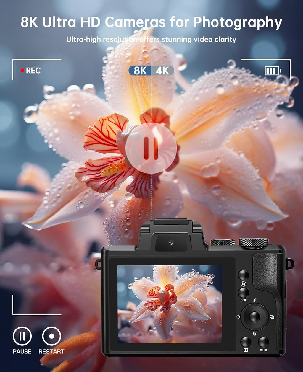8K Digital Cameras for Photography - Autofocus 88MP WiFi Vlogging Camera for YouTube with Dual-Lens - 16X Digital Zoom Vlog Camera with Lens Hood, Flash, Touch Screen, 2 Batteries, 32GB TF Card