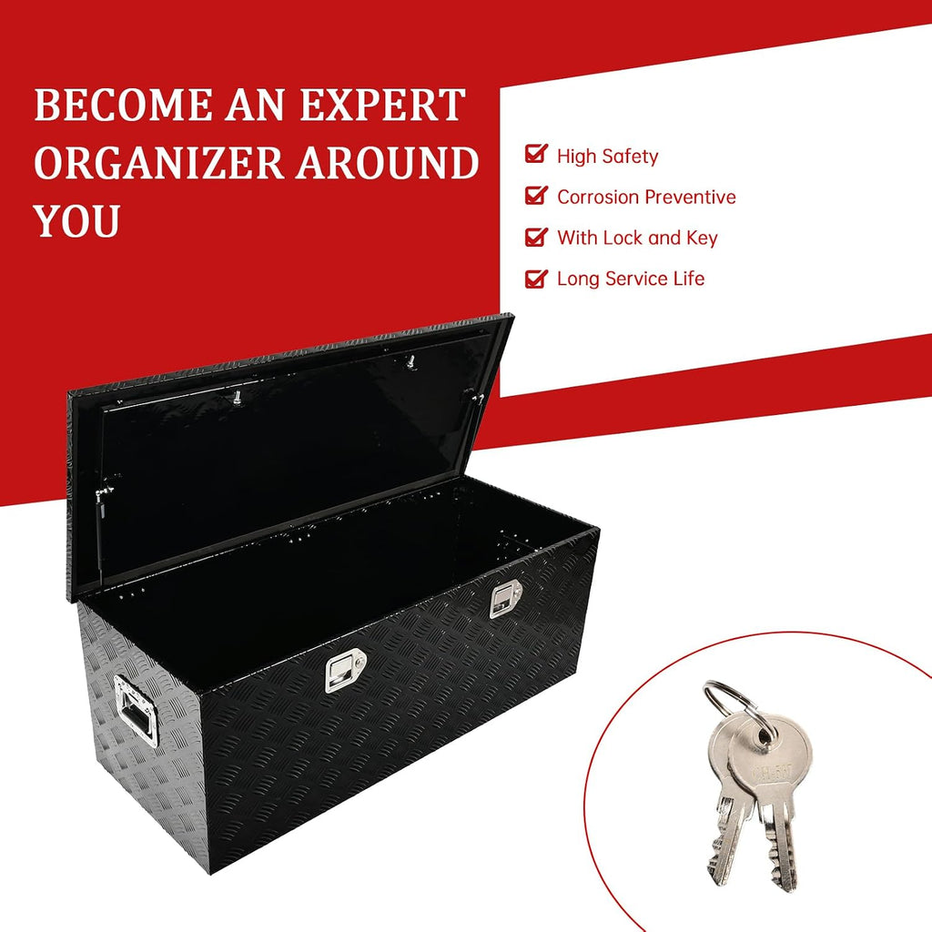 48''Inch Aluminum Truck Tool Box Truck Bed Toolbox Truck Trailer Chest Box Trailer Underbody Storage Organizer Waterproof Square Storage Organizer w/Lock & Keys Black(‎48' x19.5''x17.5'')
