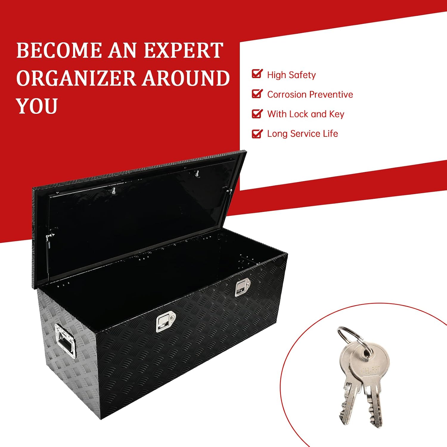 48''Inch Aluminum Truck Tool Box Truck Bed Toolbox Truck Trailer Chest Box Trailer Underbody Storage Organizer Waterproof Square Storage Organizer w/Lock & Keys Black(‎48' x19.5''x17.5'')