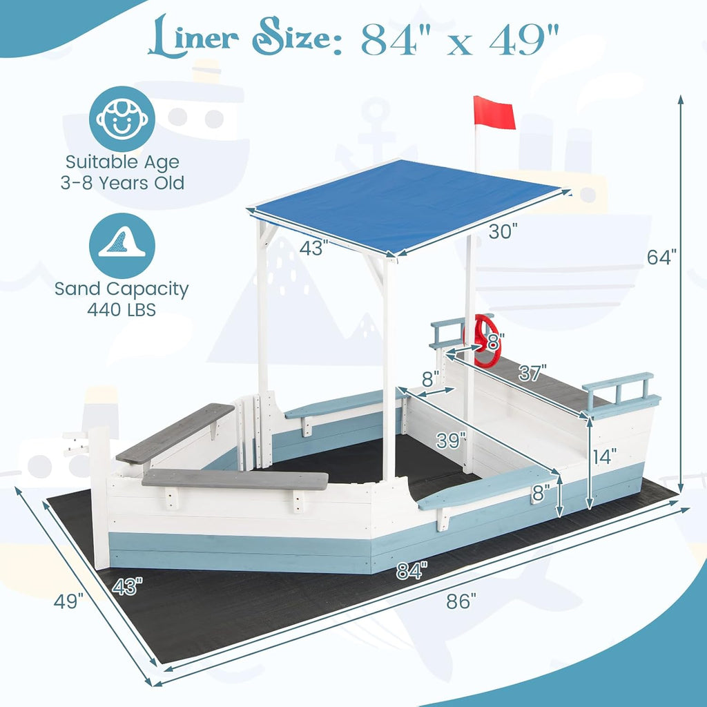 HONEY JOY Pirate Ship Kids Sandbox, Wooden Sand Box w/Storage Bench, Seat, Ground Liner, Sandpit Boat w/Rudder, Buoy, Realistic Flag, Children Outdoor Furniture for Backyard, Lawn, Garden