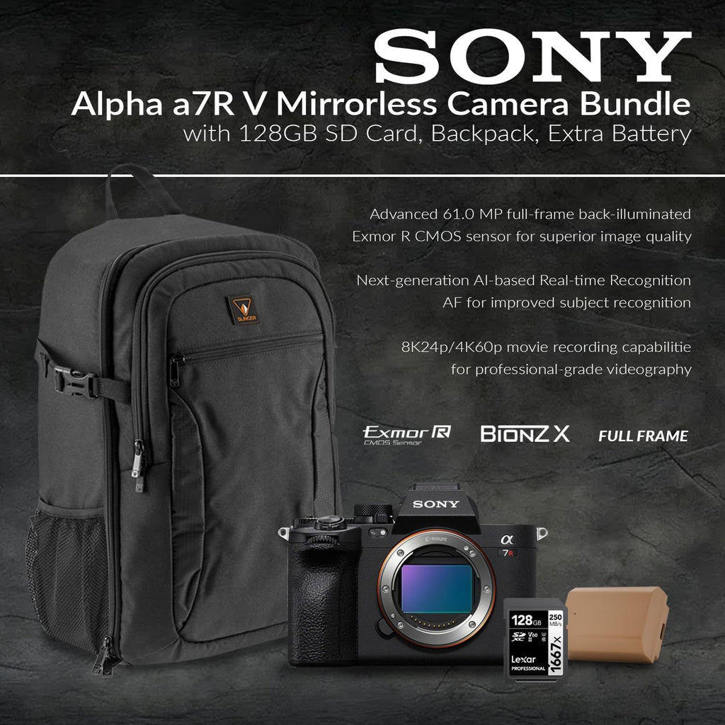 Sony Alpha a7R V Full-Frame Mirrorless Digital Interchangeable Lens Camera Body - Bundle with 128GB UHS-II SDXC Memory Card, Backpack, Extra Battery, Sony 1 Year Limited Warranty