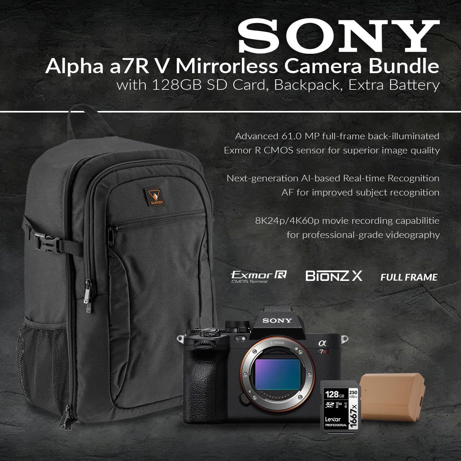 Sony Alpha a7R V Full-Frame Mirrorless Digital Interchangeable Lens Camera Body - Bundle with 128GB UHS-II SDXC Memory Card, Backpack, Extra Battery, Sony 1 Year Limited Warranty