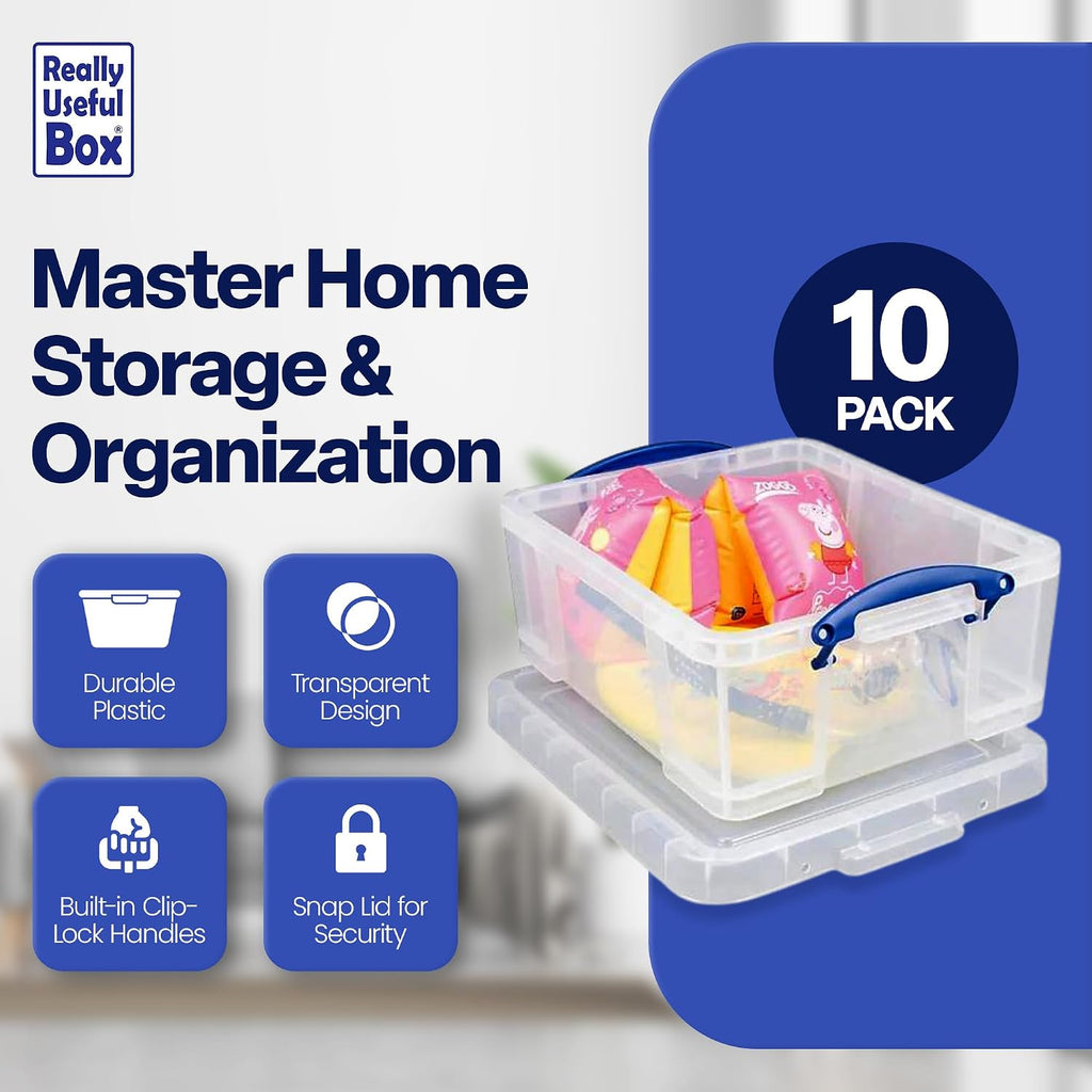 Really Useful Box 10 Pack 17L Plastic Storage Bins with Snap Lids and Clip Lock, Clear