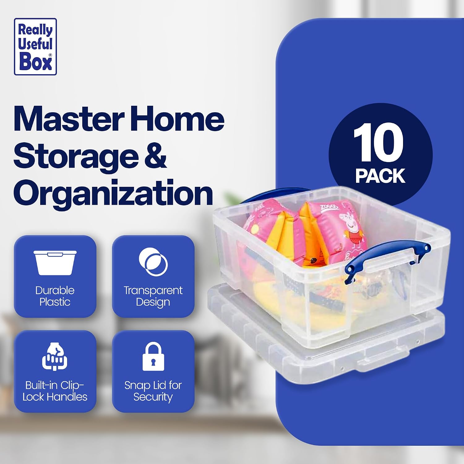 Really Useful Box 10 Pack 17L Plastic Storage Bins with Snap Lids and Clip Lock, Clear