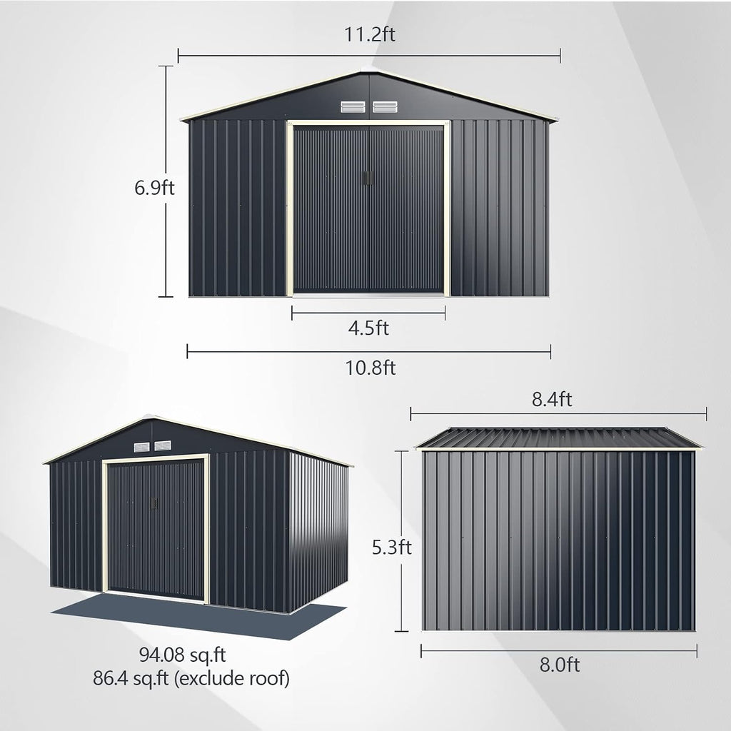 Goplus Outdoor Storage Shed, 11' X 8' Metal Garden Shed with 4 Vents & Double Sliding Door, Utility Tool Shed Storage House for Backyard, Patio, Lawn