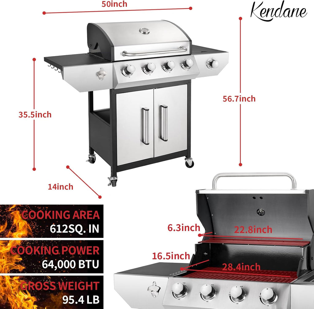 Kendane 4-Burner Propane Gas BBQ Grill with Side Burner, Barbecue Gas Grill with Enameled Cast Iron Grates for Outdoor Patio Garden Barbecue, 53,000 BTU, with Stainless Steel Grill Cover