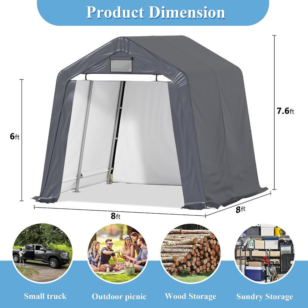 8x8 Ft Outdoor Storage Shelter, Waterproof Portable Storage Shed with Roll-up Zipper Door and Ventilated Windows for Motorcycle, Bike, Tools
