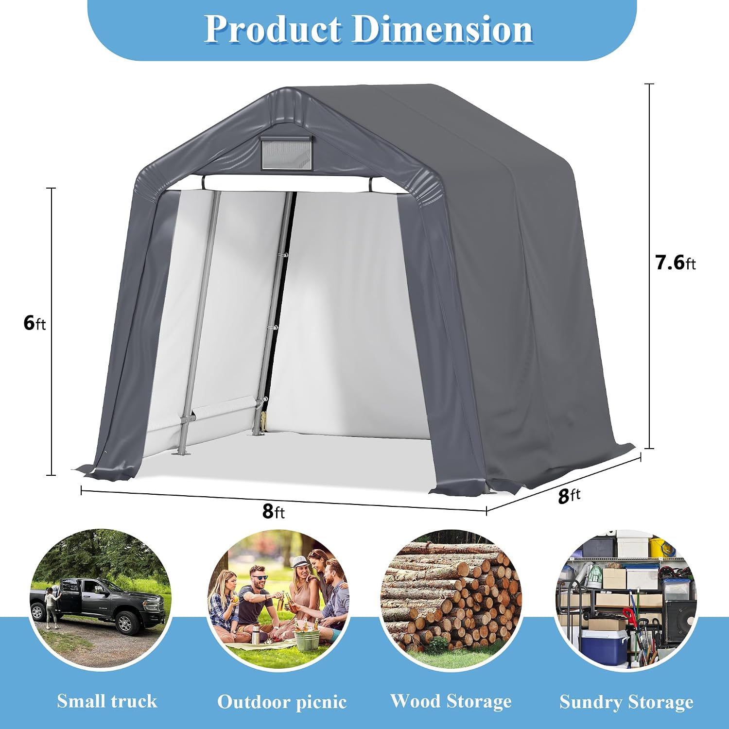 8x8 Ft Outdoor Storage Shelter, Waterproof Portable Storage Shed with Roll-up Zipper Door and Ventilated Windows for Motorcycle, Bike, Tools