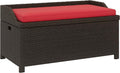 Outsunny 34 Gallon Outdoor Wicker Storage Bench Deck Box, PE Rattan Patio Furniture Pool Storage Bin Container with Interior Waterproof Cloth Bag and Comfortable Cushion, Red