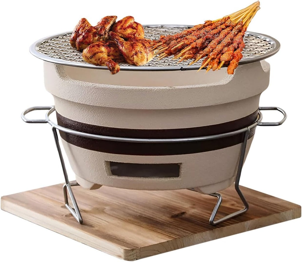 AIZYR Charcoal Grill Japanese Style BBQ Grill,Tabletop Pottery Clay Charcoal Stove with Wire Mesh Grill for Outdoor Patio Backyard Camping Picnic,Medium
