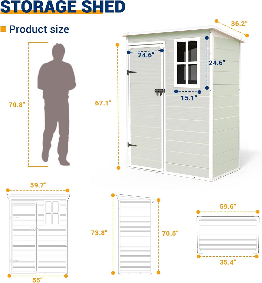 UDPATIO Outdoor Storage Shed 5x3 FT, Resin Garden Shed for Bike, Garbage Can, Tool, Plastic Outside Sheds & Outdoor Storage Storage Box with Lockable Door for Backyard, Patio, Lawn, Sandstone