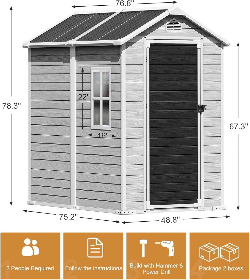 Resin Outdoor Storage Shed with Floor 6x4 FT Waterproof Plastic Sheds Kit Window Lockable Door Included, Outside Garden Tools Sheds for Backyard Patio, Gray