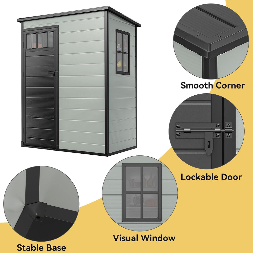 DWVO 5x3FT Outdoor Storage Shed with Fence-Style and Side Windows, Floor, Lockable Doors, Plastic Storage for Backyard and Garden, Blue-Gray