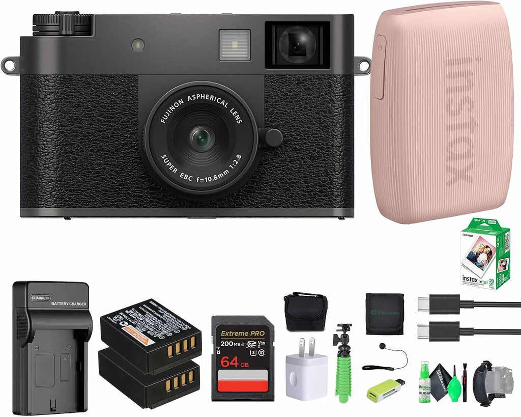 FUJIFILM X Half Premium Compact Digital Camera (Charcoal Silver) Bundle with Fuji Link 3 Smartphone Printer (Rose Pink) + Instax Mini Film + Extra Battery + Charger + 64GB Memory Card + More