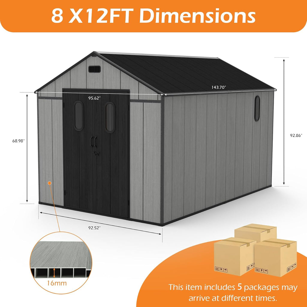Domi 8x12Ft Resin Outdoor Storage Shed with Floor, Plastic Garden Storage Shed, Outside Weatherproof Storage Building for Tools, Bike, Lawn Mower, Patio, Backyard