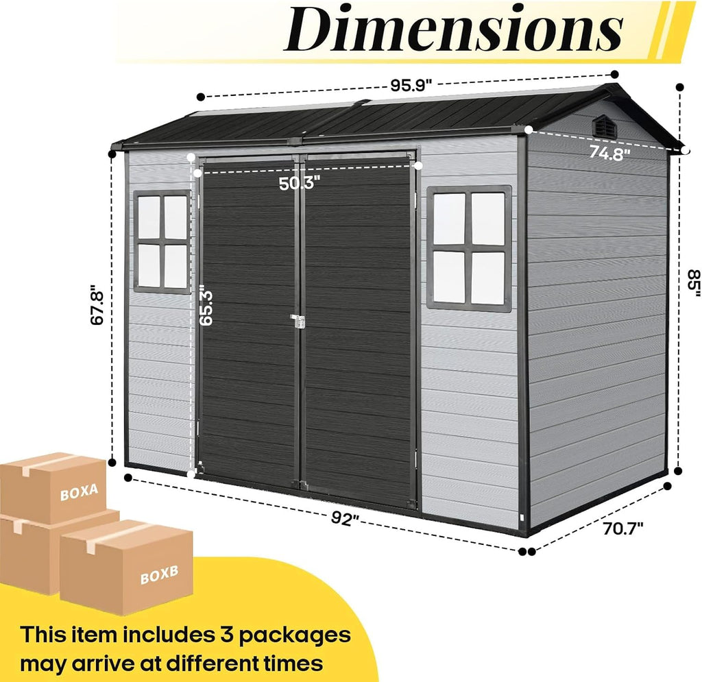 8x6 FT Resin Storage Shed with Floor, Outdoor Lockable Garden Shed with Windows & Vents, Large Backyard Storage for Tools Bikes (Black Grey)