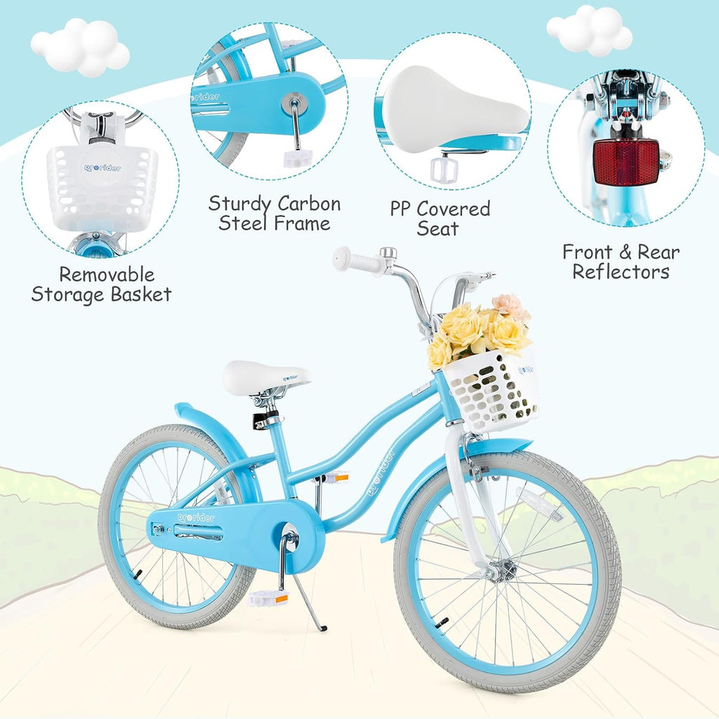 BABY JOY Kids Bike, 12 14 16 18 20 Inch Boys Girls Bike w/Adjustable Seat, Removable Basket, Handbrake & Coaster Brake, Training Wheels or Kickstand, Kids Bicycle with Multi-Color