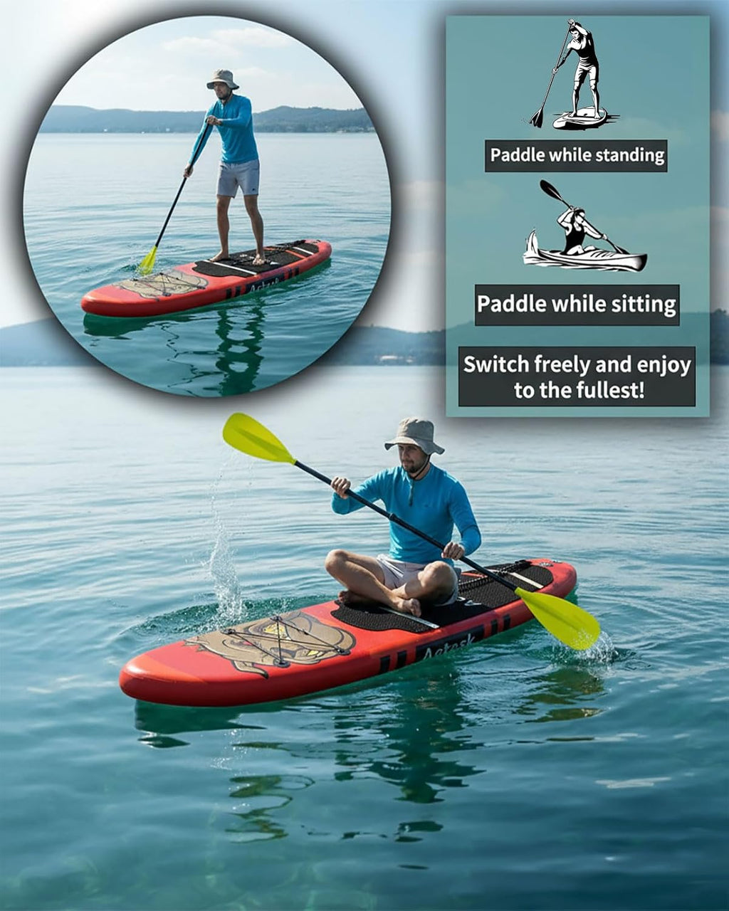 Inflatable Stand Up Paddle Board – Seat-Equipped SUP with Convertible Dual-Head Paddle, Premium Accessories, Anti-Slip EVA Deck, Ultra-Stable for All Skill Levels