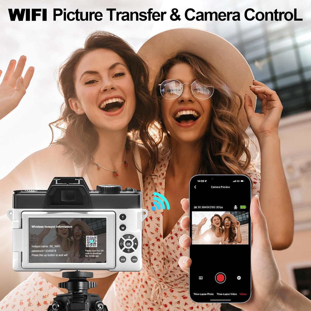 NBD 5K Digital Cameras for Photography - 16X Zoom Travel Camera with 180° Flip Screen, 64MP Vlogging Cameras Fotograficas for YouTube, Auto Focus, Macro Lens, 2 Batteries & 64GB TF Card（White）