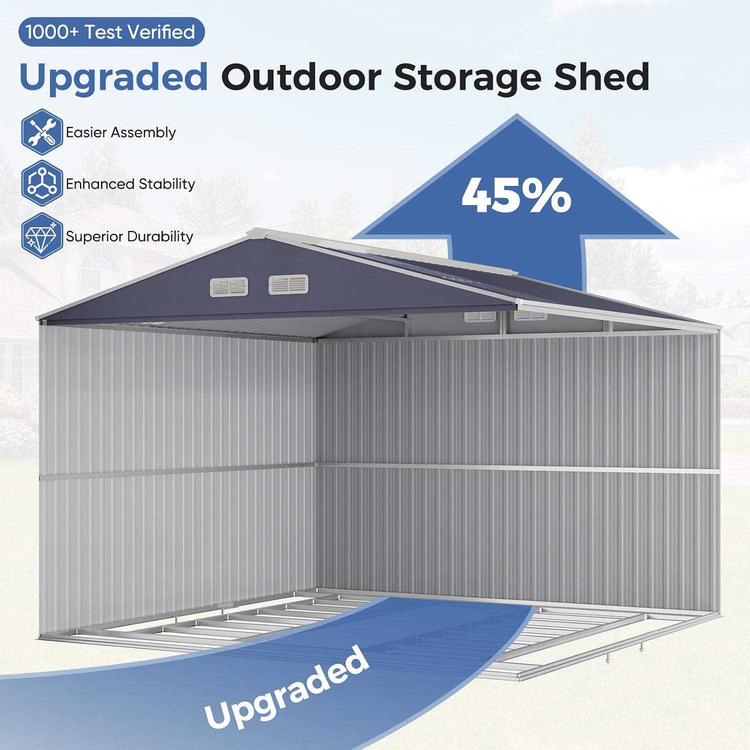 K Knowbody 10x10 FT Outdoor Storage Shed with Floor Base | Super-Reinforced Steel Shed | Skylight Roof & Windows | 15-Year Anti-Rust | Lockable Garden Storage