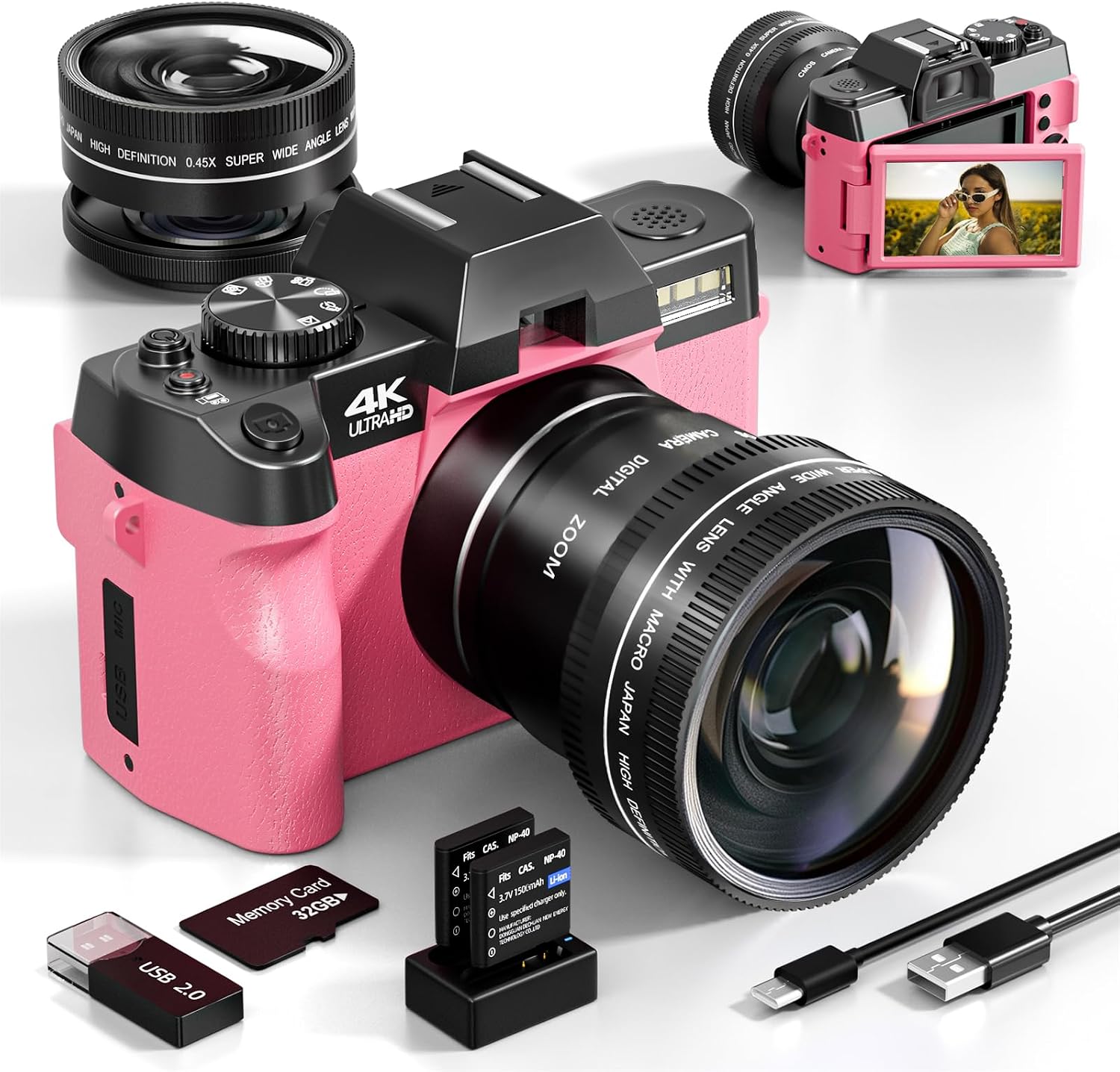 Digital Cameras for Photography with WiFi&App Control, Ture 4K&48MP Vlogging Camera for YouTube,Compact,16X Zoom Autofocus, Anti-Shake for Entry-Level User, Beginners, Macro&Wide Lens-32GB Card(Pink)