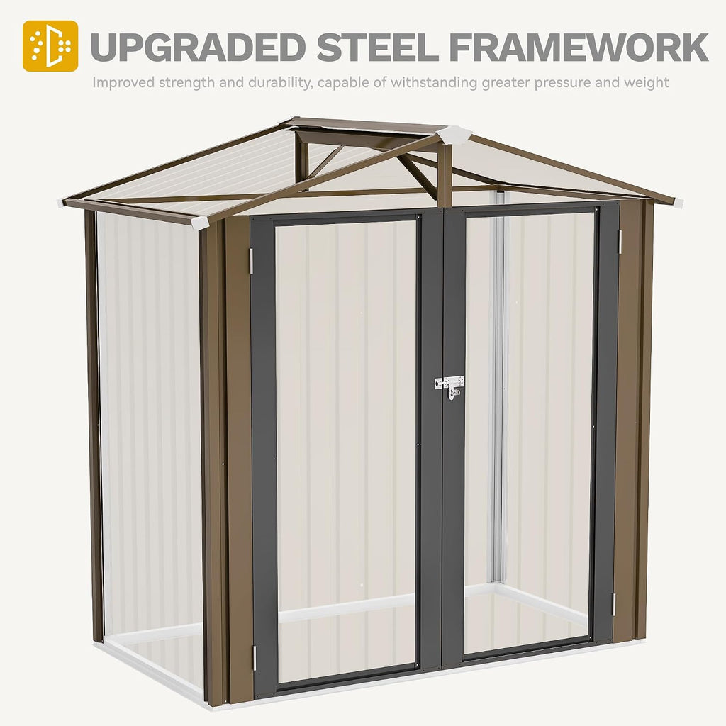 DWVO 6x4ft Outdoor Storage Shed, Lockable Metal Tool Storage Sheds, Waterproof Garden Sheds with Vents for Backyard, Patio, Garage, Lawn, Brown