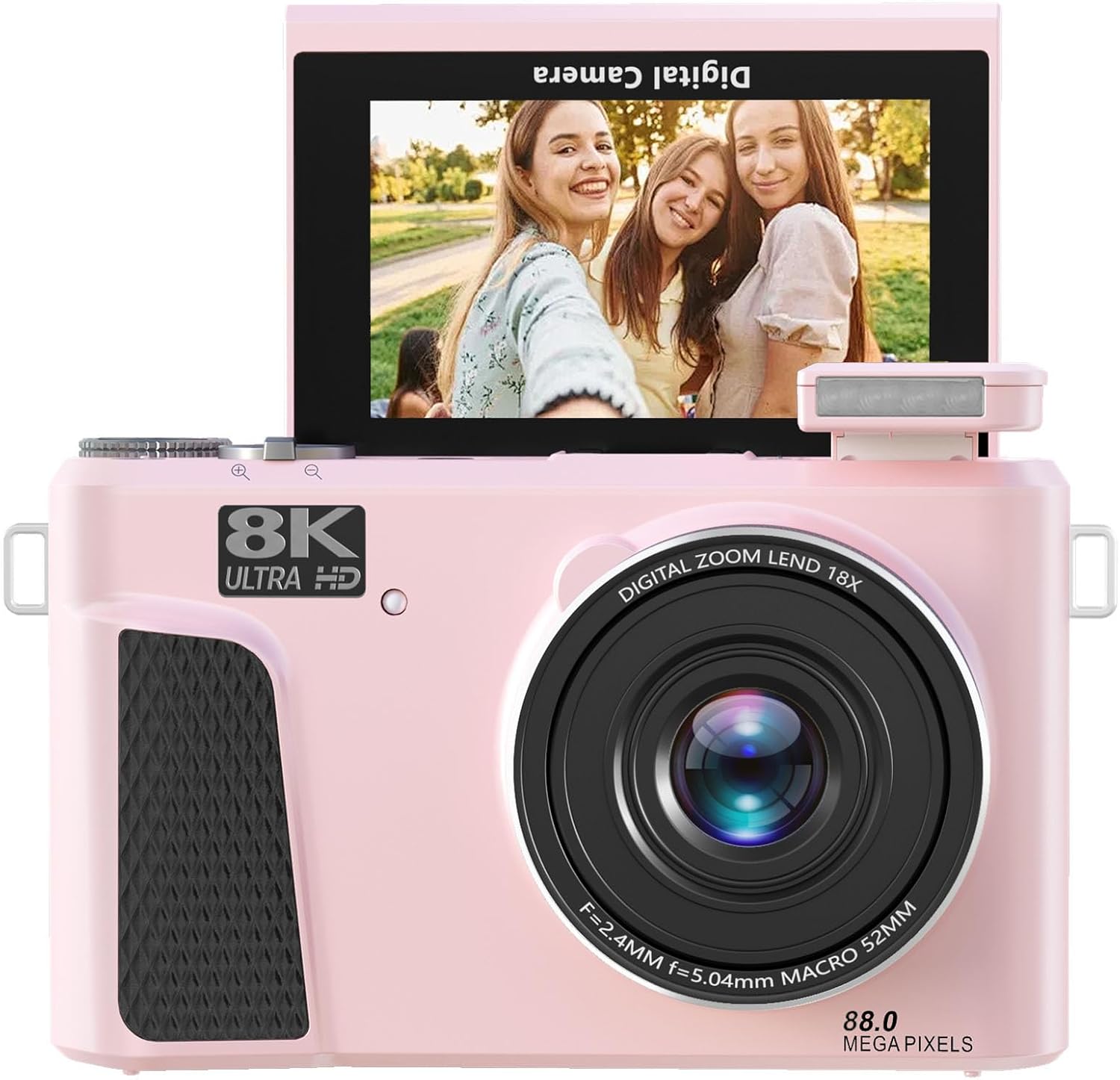 PUSOKEI 8K Digital Camera for Photography, 88MP Vlogging Camera with 3' 180 Flip Screen, 18X Zoom, Autofocus, Wide Angle Lens, WiFi Mirrorless Cameras with 32GB Card, 2 Batteries (Pink)