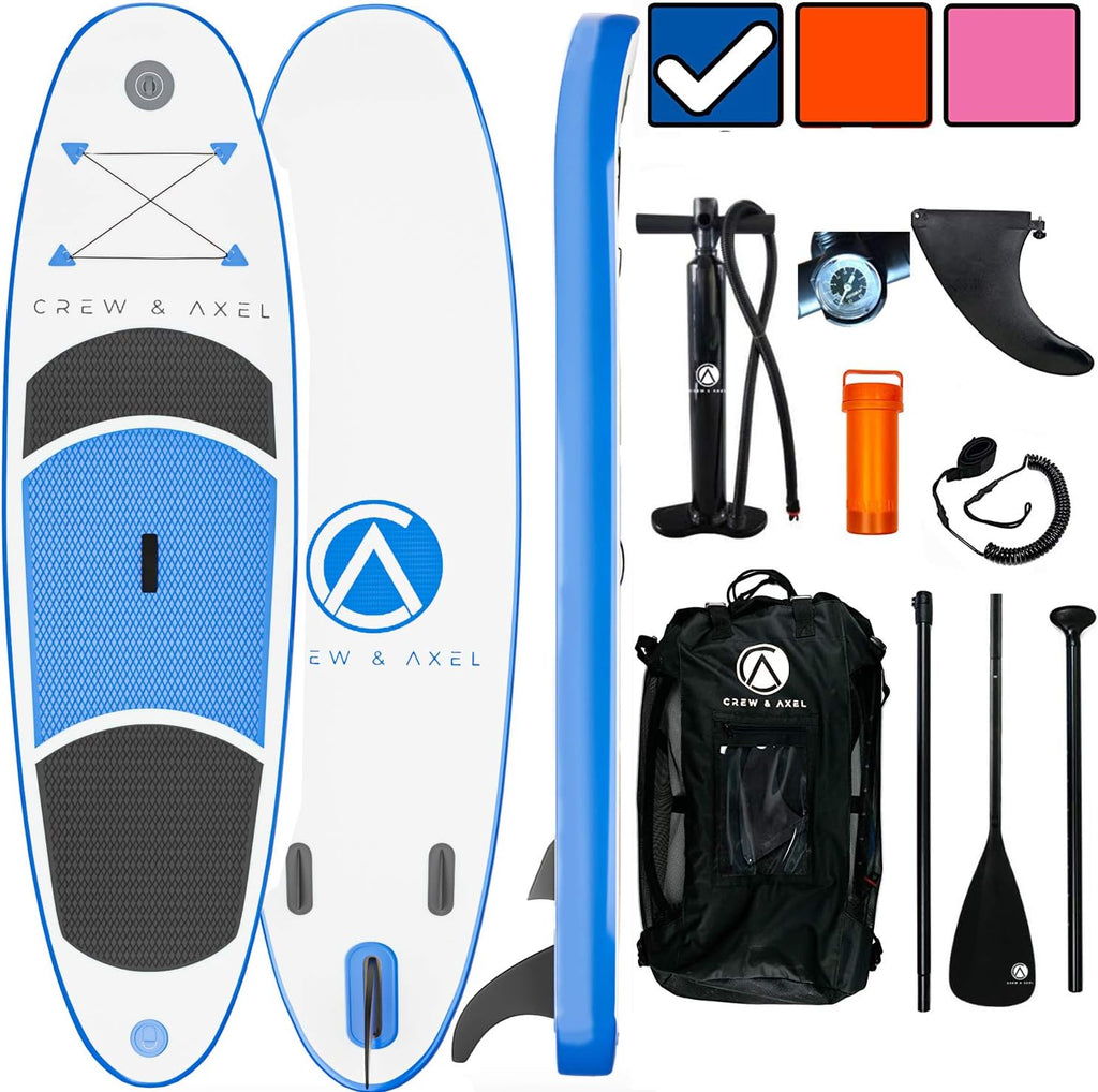 Crew Axel Inflatable Paddle Board 10'33'6' Extra Wide & Lightweight (18lb) Paddle Board – Premium SUP Set Includes 2 Bags, Floating Paddle, Camera Mount, 3 Fins, Dual Pump Kit