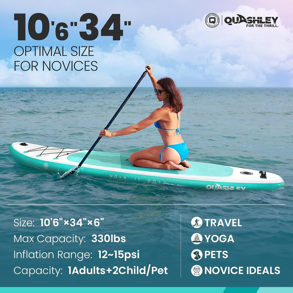 Quashley Inflatable Stand Up Paddle Board,Inflatable Paddleboards 32/34 Inch Wide,All Around SUP for Beginners with Lightweight Paddle,Hand Pump,Backpack,Leash,Durable & Portable iSUP Board