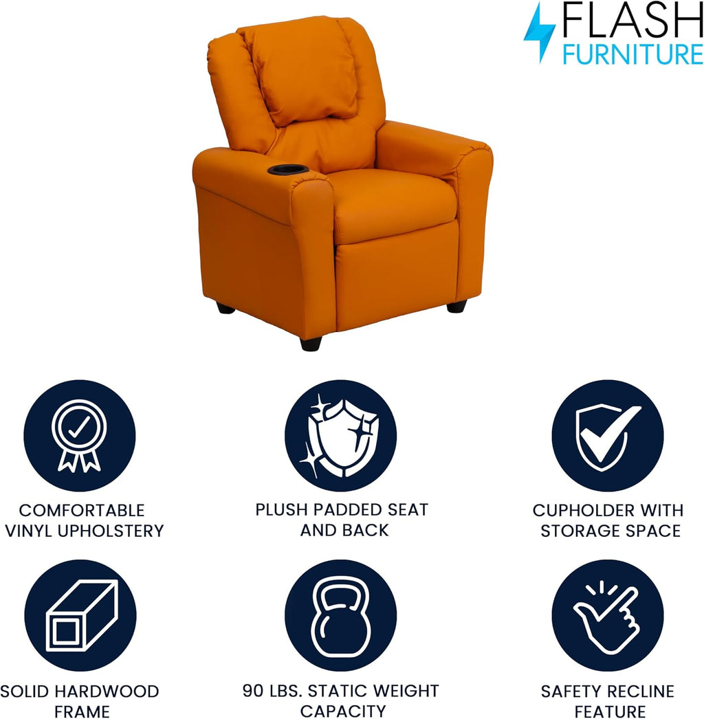 Flash Furniture Vana Vinyl Kids Recliner with Cup Holder, Headrest, and Safety Recline, Contemporary Reclining Chair for Kids, Supports up to 90 lbs., Orange