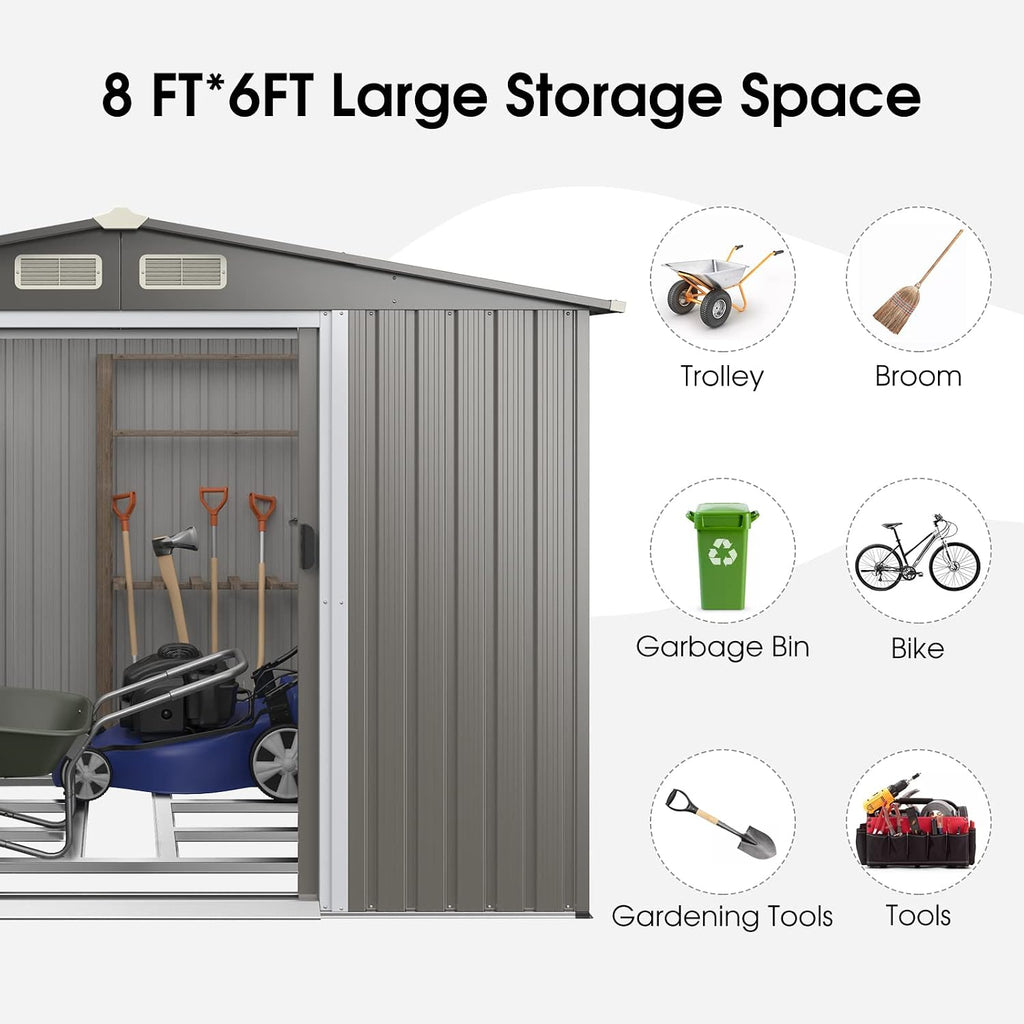 Goplus Outdoor Storage Shed, 8.5' x 6.8' x 6' Weather-Resistant Utility Tool Organizer w/Foundation, 4 Louvers, Double Doors & Ramp, Galvanized Steel Tool Shed for Garden, Lawn, Yard
