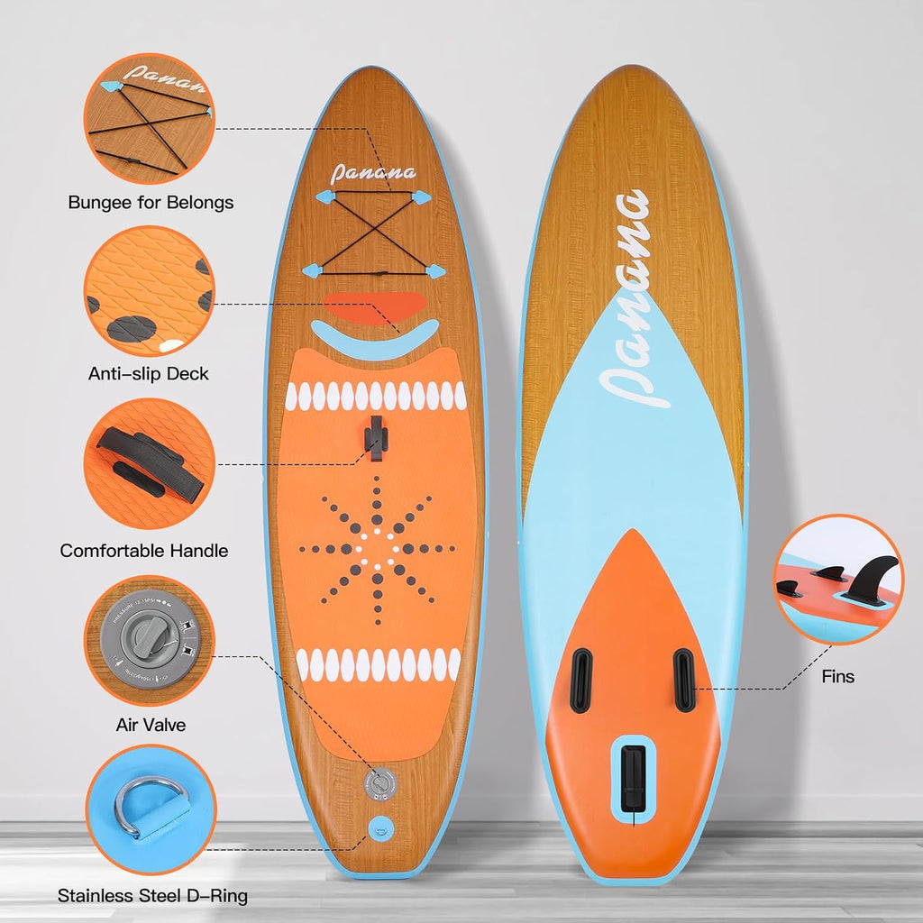 Panana Inflatable Stand Up Paddle Board 10'/10'8''x30''/32''x6'' iSUP Non-Slip Deck Paddleboard for Adults Beginners Youth, with Paddle Pump Fins Leash Backpack