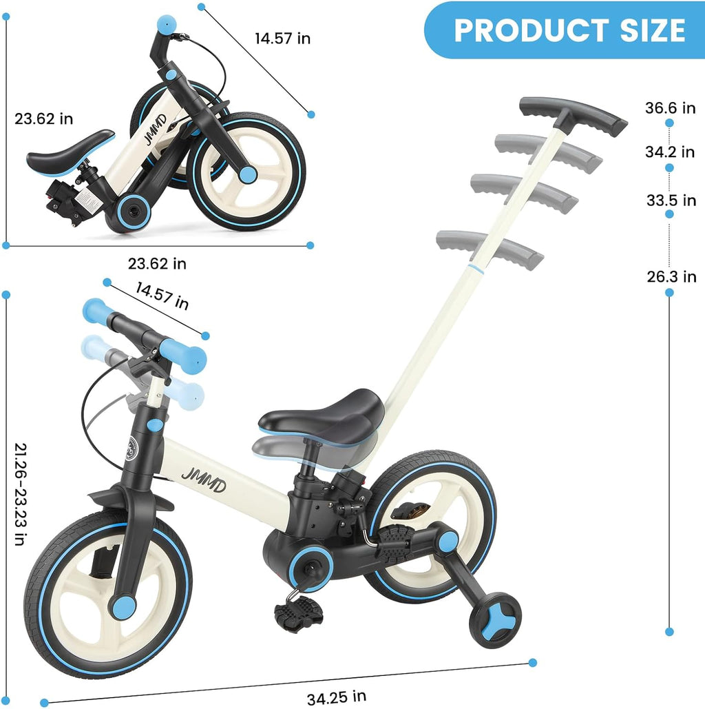 JMMD 6 in 1 Toddler Bike with Push Handle for Kids 18-60 Months, 12' Foldable Balance Bike with Training Wheels, Pedals, Brakes, Kickstand, Push Tricycle Toddler Gift & Toys for Boy & Girl