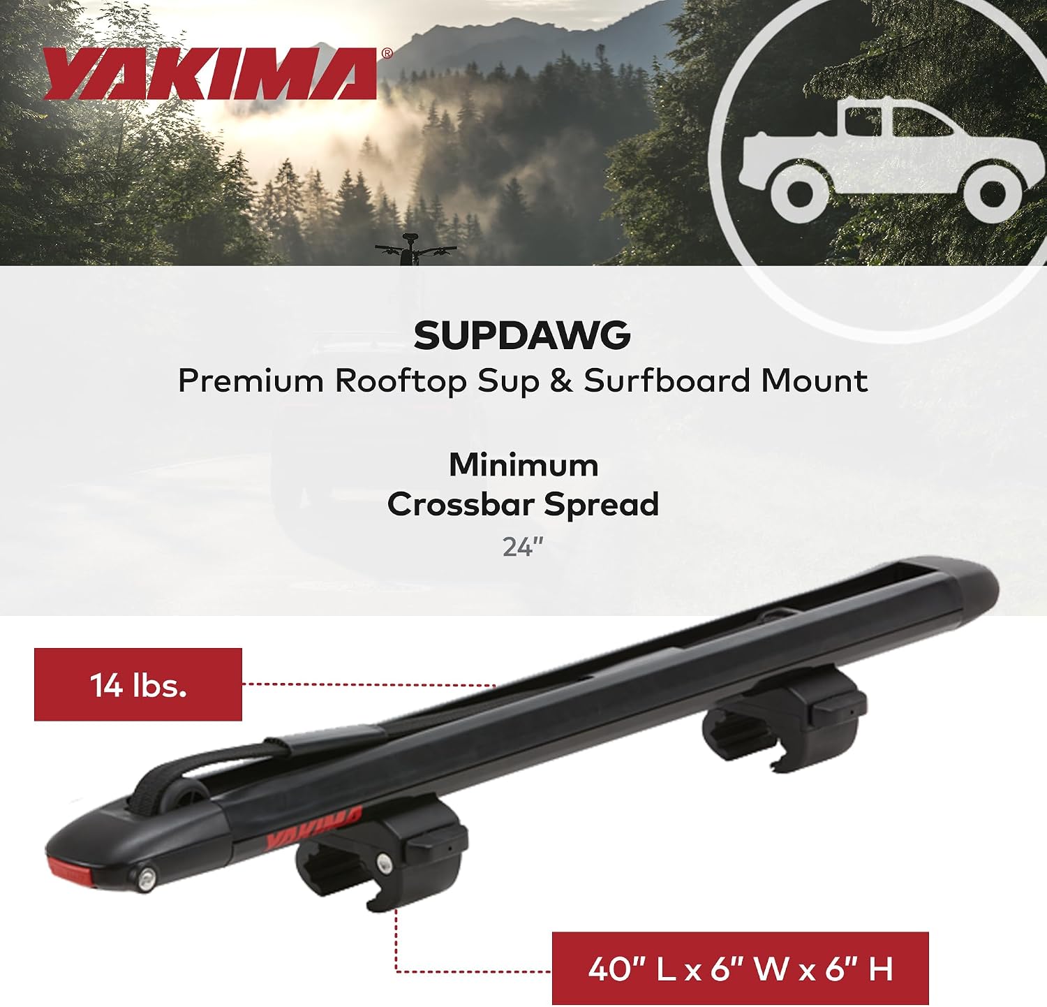 Yakima SupDawg Fully Assembled Rooftop SUP & Surfboard Mount, Holds 2 Boards up to 36' Wide, Tool-Free Installation, Integrated Rollers, SKS Locks
