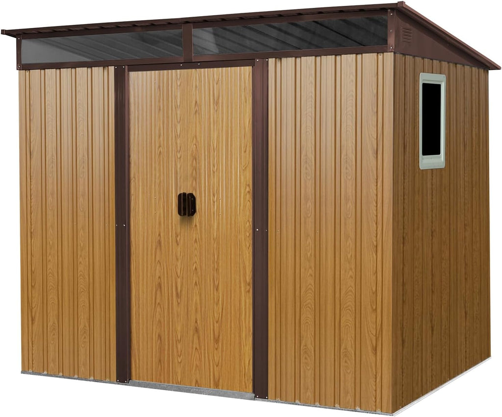 8x6 ft Outdoor Metal Storage Shed with Floor Floor and Window, Lockable Galvanized Steel Tool Shed with Sliding Door, Air Vent and Transparent Plate, Waterproof Garden Storage House for Backyard