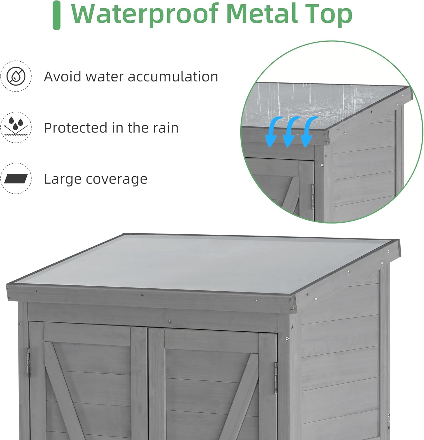 68''x33''x20'' Outdoor Wooden Storage Shed with Metal Top Tall Vertical Tool Cabinet for Backyard Garden Patio Lawn (Grey)