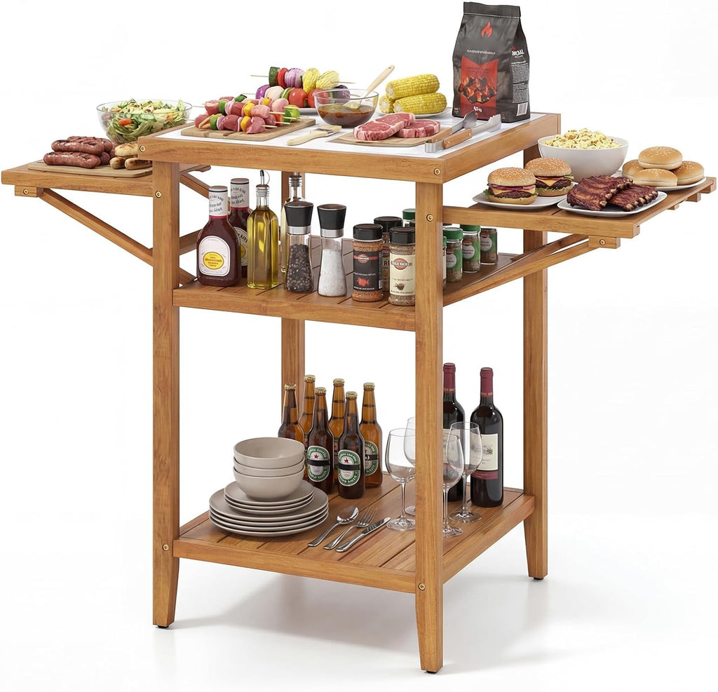 HAPPYGRILL Outdoor Wood Grill Table, Outside Kitchen Island & BBQ Prep Table w/Faux Marble Top, Drop-Leaf Side Panels & 2-Tier Open Shelves, Acacia Wood Pizza Oven Grill Cart for Patio Backyard Party