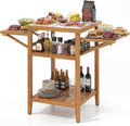HAPPYGRILL Outdoor Wood Grill Table, Outside Kitchen Island & BBQ Prep Table w/Faux Marble Top, Drop-Leaf Side Panels & 2-Tier Open Shelves, Acacia Wood Pizza Oven Grill Cart for Patio Backyard Party